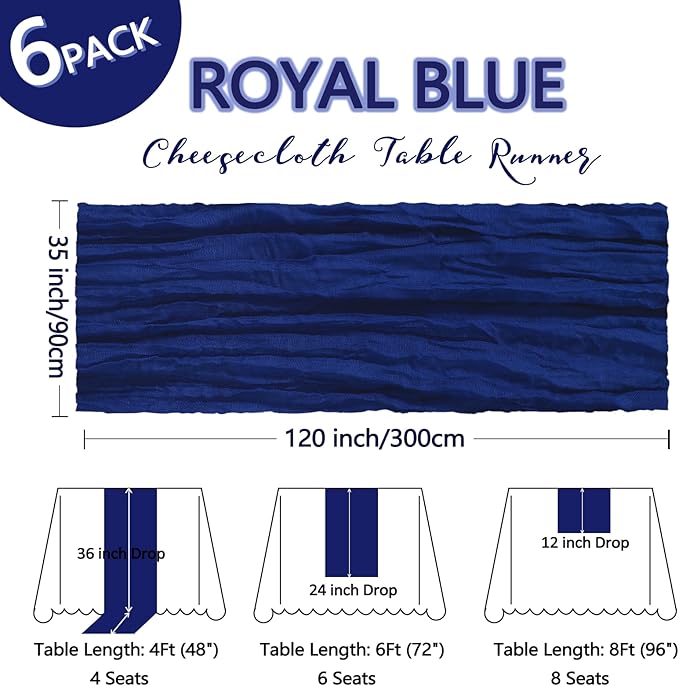 6 Pack Royal Blue Cheesecloth Table Runner 10Ft Gauze Cheese Cloth Table Runner 35x120 Inch Boho Sheer Rustic Fabric for Decor Bridal Baby Shower Wedding Centerpiece Home Table Decoration