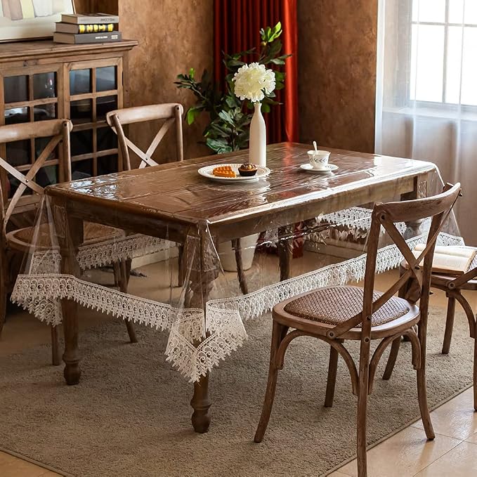 ARTABLE Vinyl PVC Rectangle Tablecloth Waterproof Clear Table Cover with Champagne Lace Macrame Border for Wedding Kitchen Home Outdoor Indoor Holidays Party Decor (Off White, 60 x 120 Inch)
