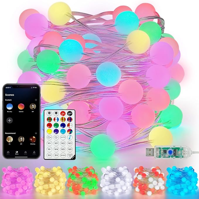 LORRYTE Smart Color Changing String Lights Indoor for Bedroom, 33FT 66LED App Control LED Globe Fairy Lights Plug in with Remote for Girl's Room Party Bedroom Classroom Christmas Fall Decorations