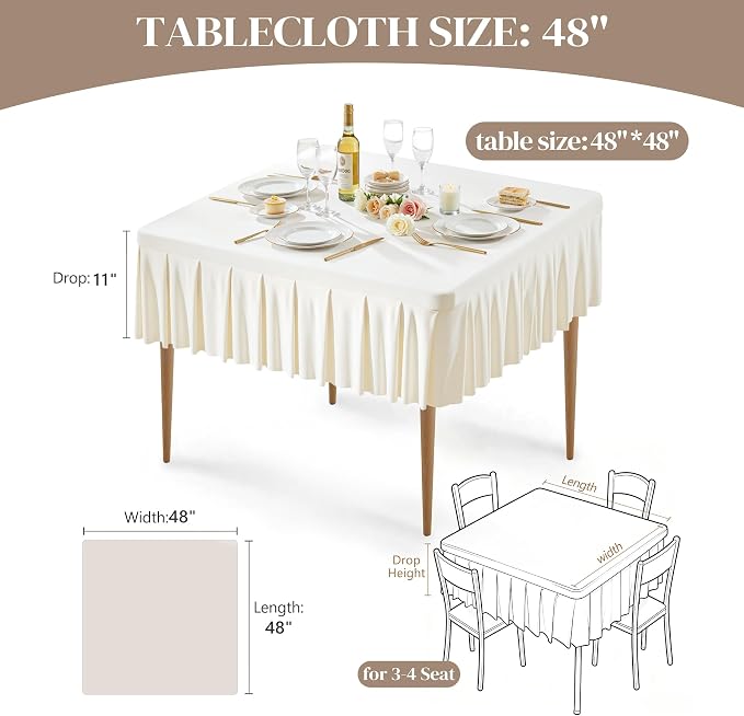 Wish Care Ivory Spandex Tablecloths for 48x48 Inch Square Tables, Stretch Fitted Table Clothes with Pleated Ruffle Skirt for 48” Table, Wrinkle Free and Elastic, for Party Kitchen Home Dining
