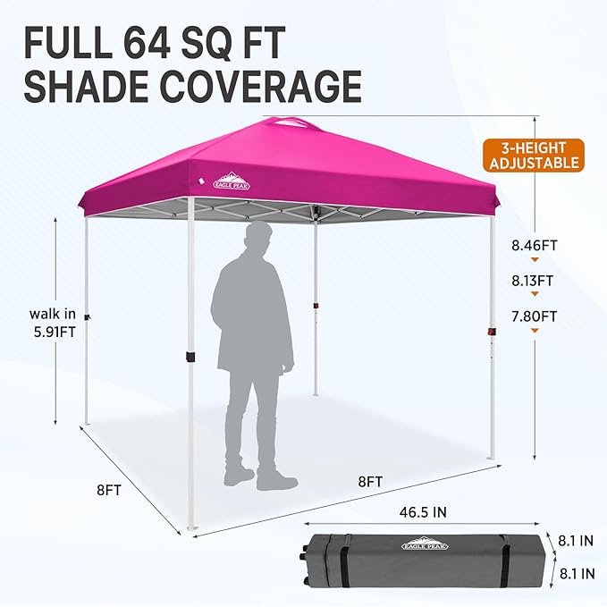EAGLE PEAK Pop Up Canopy Tent with Wheeled Carry Bag, 8 Stakes, 4 Ropes, Easy Set Up Tent Canopy, 8x8 ft, Pink
