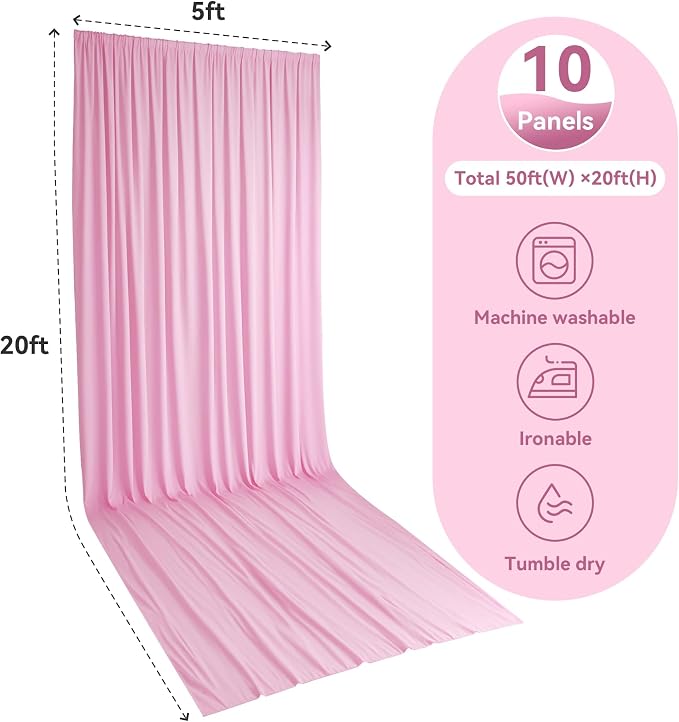 10 Panels 5x20ft Pink Ceiling Drapes for Wedding Parties, Wrinkle Free Thick Polyester 20ft Extra Long Wedding Draping Pink Ceiling Curtains Arch Drapery for Birthday Party Canopy Tent Decor