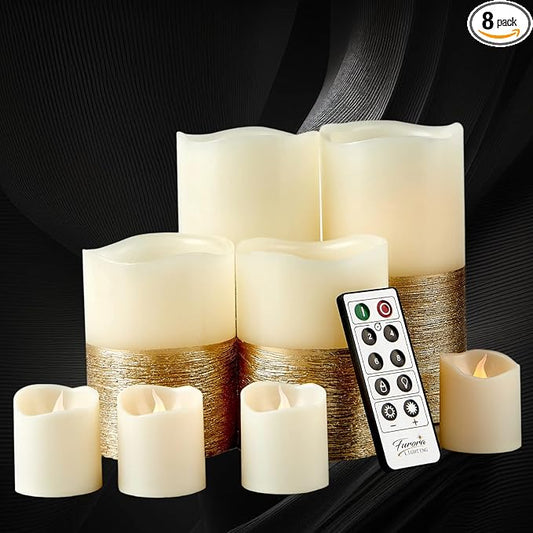 FURORA LIGHTING Gold Trim Flameless Candles - Real Wax, Adjustable Brightness, Remote & Timer - 4 Pillars (3x4, 3x6) and 4 Votives, 8-Pack, Battery Operated