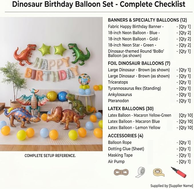 60 PCS Dinosaur Happy Birthday Foil Balloon Decoration Kit, T-Rex, Triceratops, Ankylosaurus Assembleable Inflatable Standing Mylar Balloons with Birthday Banner for Kids Boys Party Decor