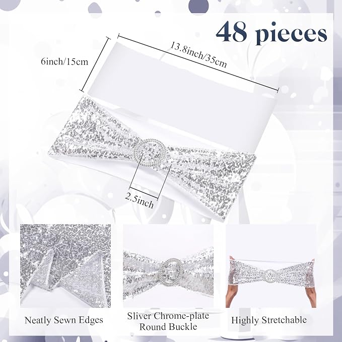 Newwiee 54 Pcs Silver Sequin Chair Sashes and Table Runners, 48 Sequin Chair Bows, 6 Glitter Table Runners for Birthday Party Wedding Banquet Holiday Decorations