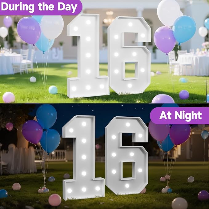 3FT Marquee Numbers 16 with Lights, Large Light Up Numbers Sign for 16th Birthday Party Decorations Backdrop, Anniversary Cardboard Big Mosaic Number 16