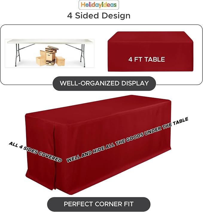 HolidayIdeas 4-Pack Red Fitted Tablecloth for 6ft Tables Christmas Decor | Wrinkle resistant rectangular table covers holiday party banquet events supply craft fairs