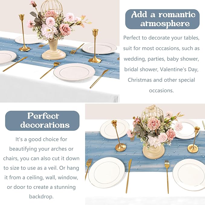 12 Pack 10FT Pearl Table Runner 30x120 Inch Dusty Blue Tulle Fabric Boho Rustic Sheer Table Runners Lace Table Cloth for Wedding Bridal Shower Birthday Party Arch Veil Dessert Table Decor (Dusty Blue)