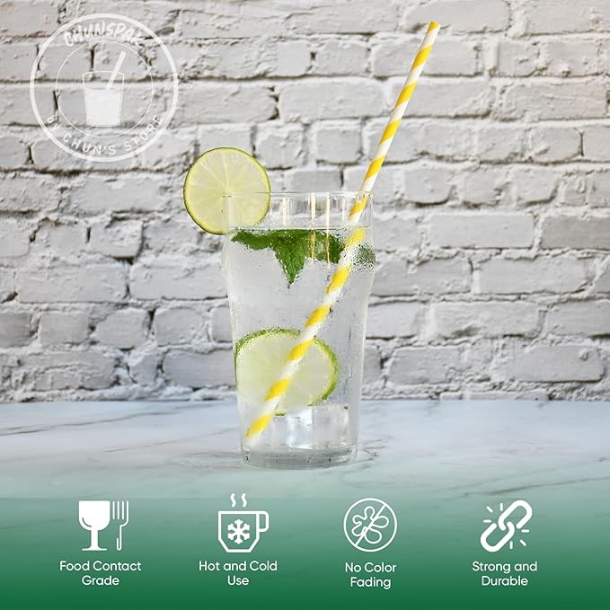 Yellow White Striped Paper Drinking Straws, 10.25 Inch Long, 0.24" Dia. - For Cocktail, Soda, Tall Bottles - 100 PCS