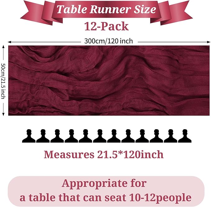 12 Pack Burgundy Cheesecloth Table Runner, 10FT Cheesecloth Rustic Boho Table Runner Long Romantic Semi Sheer Table Runner for Wedding Baby Shower Birthday Bridal Party Decorations(21.5×120 Inch)