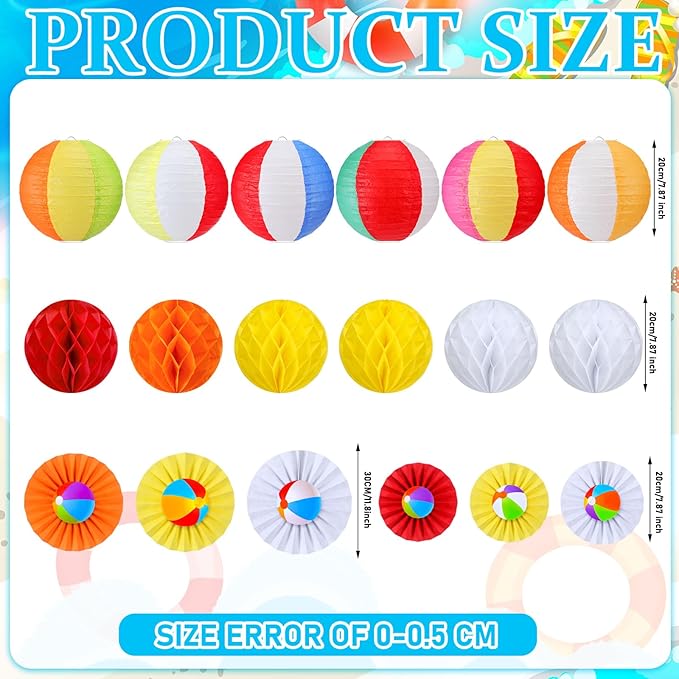 Retisee 18 Pcs Summer Beach Theme Party Decorations Beach Ball Paper Lanterns Fans Honeycomb Decorations Kit Summer Lanterns Fans Honeycomb for Pool Party Supplies