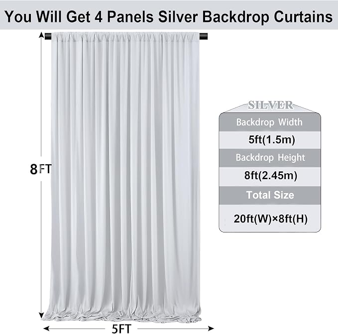 20ft×8ft Wrinkle Free Silver Grey Backdrop Curtains for Parties Wedding, 4 Panels 5×8ft Thick&Silky Polyester Silver Photo Backdrop Drapes Curtain for Birthday Baby Shower Photography Baptism