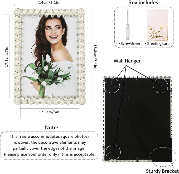 5x7 Picture Frame White Pearl Vintage Wedding Photo Frame with Glass Front | Elegant Art Decor Tabletop or Wall Display for Engagements, Anniversary, Graduation, Birthday Gifts for Women