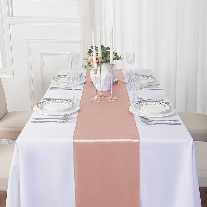 24Pack Table Runner 12 x 108 Inches Satin Silk Table Runner for Wedding, Birthday Party, Banquets, Graduations Decoration, fit Rectange and Round Table-Rose Gold