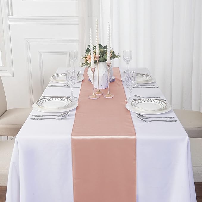 12Pack Table Runner 12 x 108 Inches Satin Silk Table Runner for Wedding, Birthday Party, Banquets, Graduations Decoration, fit Rectange and Round Table-Rose Gold