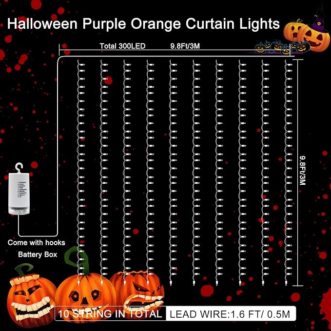 echosari Halloween Curtain Lights Battery Operated, 300 LED Purple Orange Fairy Curtain Lights 9.8Ft x 9.8Ft Hanging Lights with Remote Timer for Party Garden Yard Decor