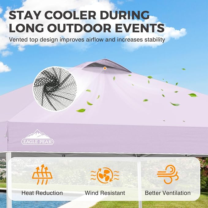 EAGLE PEAK Pop Up Canopy Tent with Wheeled Carry Bag, 8 Stakes, 4 Ropes, 4 Weight Bags, Easy Set Up Tent Canopy, 10x10 ft, 100sqft of Shade, Lilac