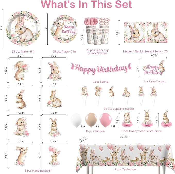 Xynic 205pcs Bunny Birthday Decorations Complete Tableware Set, for 25 Guests, Pink Bunny Party Decorations Girl, Includes Banner Hanging Swirls Plates Napkins Balloons Caketopper Tablecloths