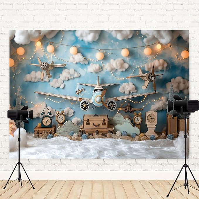 5x4ft Vintage Airplane Photography Backdrop Blue Sky White Clouds Retro Aircraft Theme Background for Newborn Baby Shower Banner Boys Birthday Party Photoshoot Studio Photo Booth Props