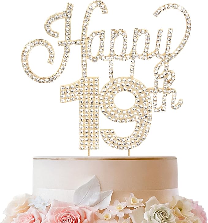 LINGTEER Happy 19th Birthday Gold Rhinestone Cake Topper - Cheers to 19th Birthday Nineteen Years Old Party Cake Centerpieces Topper Decorations Gift Sign.
