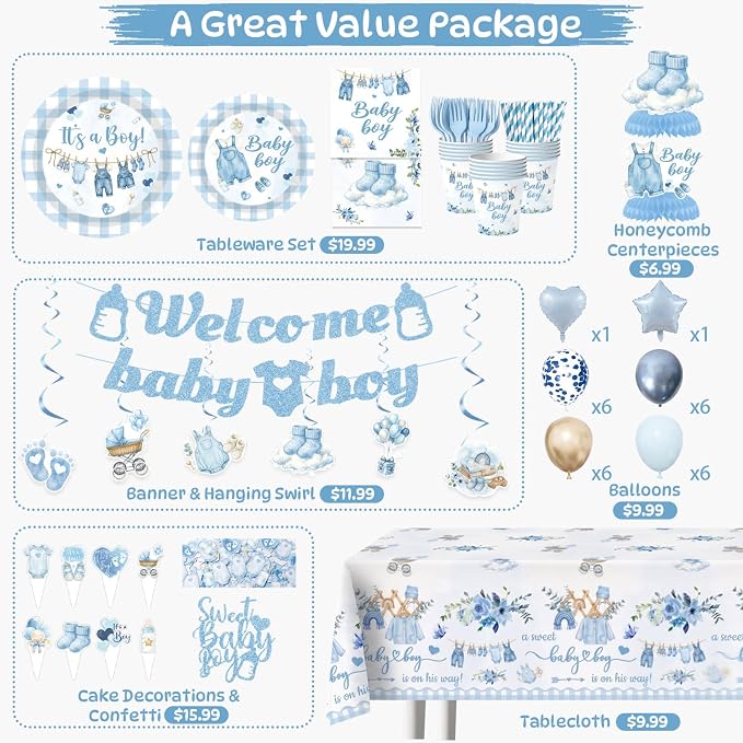 Blue Baby Boy Shower Decorations,224PCS Disposable Plates Napkins Set,Banner, Hanging Swirls, Centerpieces,Cake Topper,Tablecloth,Baby Shower Decorations for Boy Serves 24