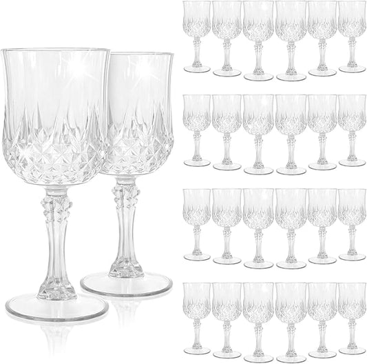24Pack Transparent Plastic Wine Glasses,Vintage Plastic Goblets for Parties, Transparent Drinking Glasses Crystal Water Goblets Reusable for Wedding Reception, Grand Event Party Supplies