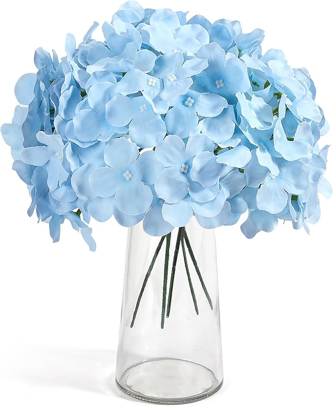 Auihiay 64pcs Blue Hydrangea Artificial Flowers, Artificial Hydrangea Flowers with Stems, Faux Hydrangea Flowers for Wedding Centerpieces, Baby Shower, Birthday Party Decoration