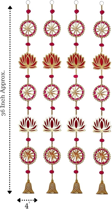 ZIG ZAG Pack of 4 Handmade Lotus Wall & Door Hangings with Bell –, Ideal for Home, Diwali, Pooja, Wedding & Festival Decor (36 Inches, Pink)