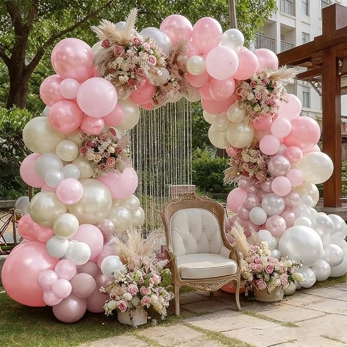 Pearl Pink White Balloon Arch, Double Stuffed Light Pastel Pink Cream White Sand Balloon Garland Kit for Baby Shower Birthday Bridal Wedding Mother's Day Party Decorations
