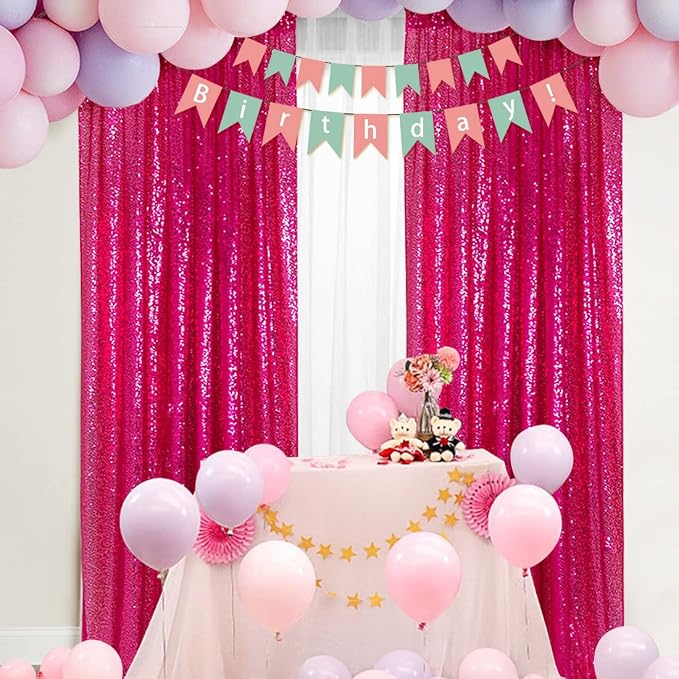 PartyDelight Hot Pink Sequin Backdrop Curtains 2x8ft 2 Panels | 3mm stitched sequin curtain with 4 inch rod pocket for 2x8ft 2 panel doorway window side drape narrow photo booth strip