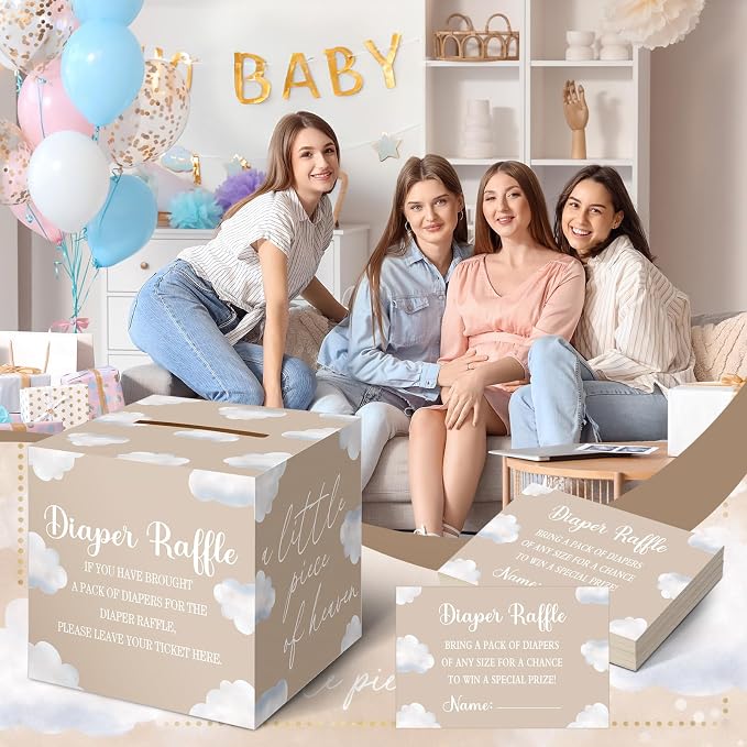 Teling 51 Pieces Diaper Raffle Tickets with Card Box Baby Shower Decorations Gender Reveal Holder Box for Girl Boy Diaper Raffle Party(Cloud 9 Style)