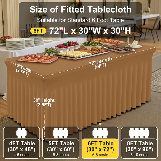 Smiry Spandex Tablecloth, Elastic Fitted Stretch Tablecloth for 6FT Rectangle Tables, Waterproof Washable Table Cover Skirt for Outdoor, Wedding, Banquet & Parties (Brown, 72Lx30Wx30H Inch)