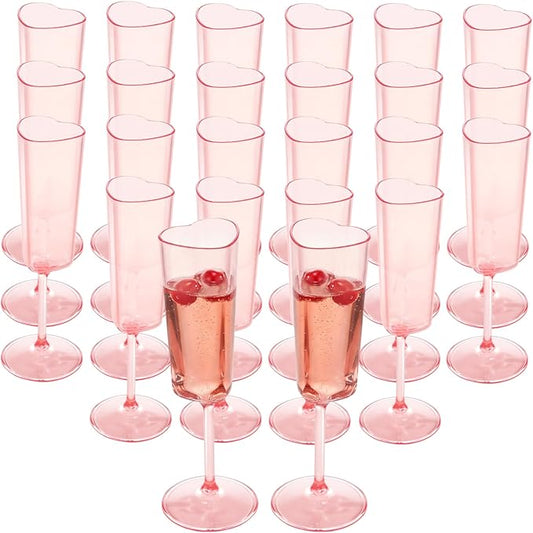 JLYLOL 24 PCS Heart Shaped Champagne Flutes, 5.5OZ Plastic Champagne Glasses, Unique Wedding Toasting Glasses, Elegant Stemmed Drinking Cups Plastic Goblets for Celebrations Anniversary Bride (Pink)
