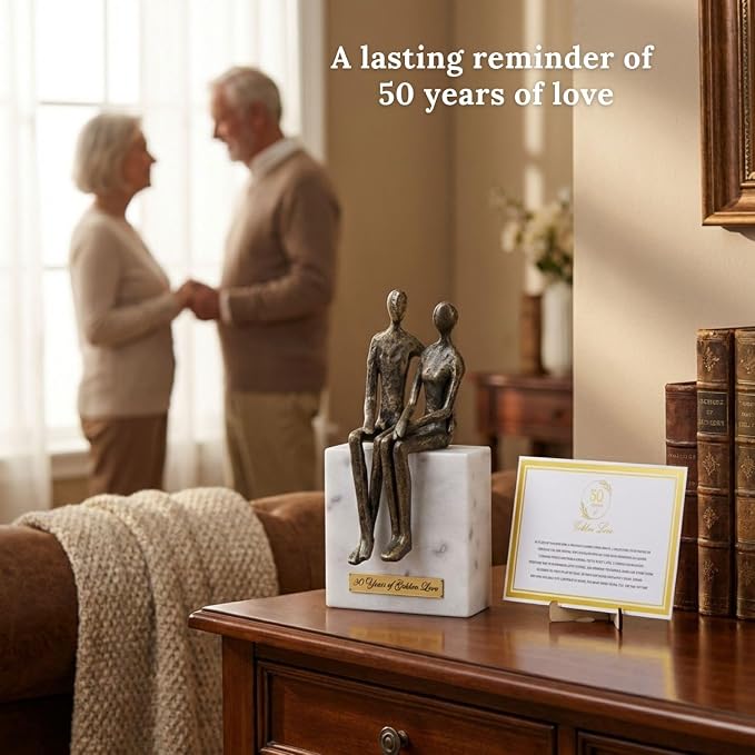 50th Wedding Anniversary Couple Gifts - Customizable Iron and Marble Sculpture - Gift for 50th Wedding Anniversary - Includes Present Box, Custom Engraved Plate and Poem Card (Personalized Gift Set)