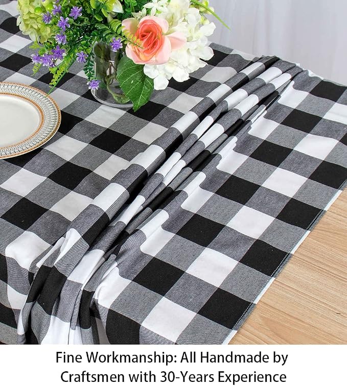 ShinyBeauty 60"x120" Black & White Checkered Tablecloth | Cotton Farmhouse Picnic Cloth | Wrinkle-Resistant & Durable | Perfect for Indoor/Outdoor Dining & Parties