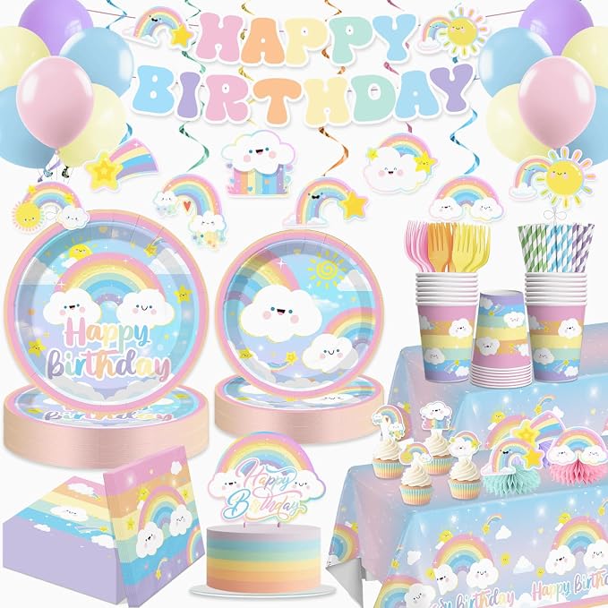 Xynic 174pcs Rainbow Birthday Decorations Tableware Complete Party Set, Rainbow Birthday Party Decorations, includes Pastel-Rainbow Paper Banner Plates Napkins Cups Forks, etc, Serves 25 Guests