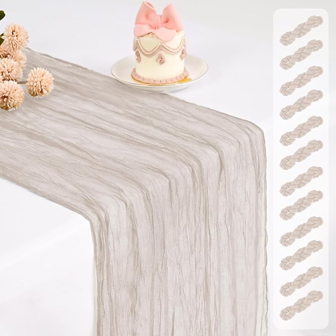 12 Pack Cheesecloth Table Runner,Brown Grey Table Runner Long Romantic Semi Sheer Rustic Boho Gauze Table Runners for Wedding Bridal Shower Birthday Party Decorations(17.7×108 Inch)