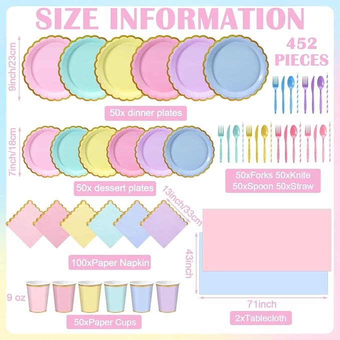 Vesici 452 Pcs Pastel Party Supplies Set for 50 Guests Include 9 Inch 7 Inch Paper Plates Napkins Tablecloths 9 oz Cups Forks Spoons Straws for Birthday Baby Shower Wedding Party Decorations, 6 Colors