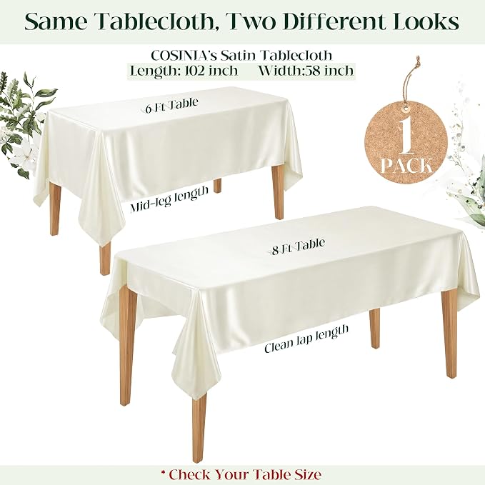 1 Pack Ivory Satin Tablecloth 58 x 102 Inches, Rectangular Satin Table Cloths for Wedding Reception, Birthday Party, Graduation & Holiday Banquet Tables
