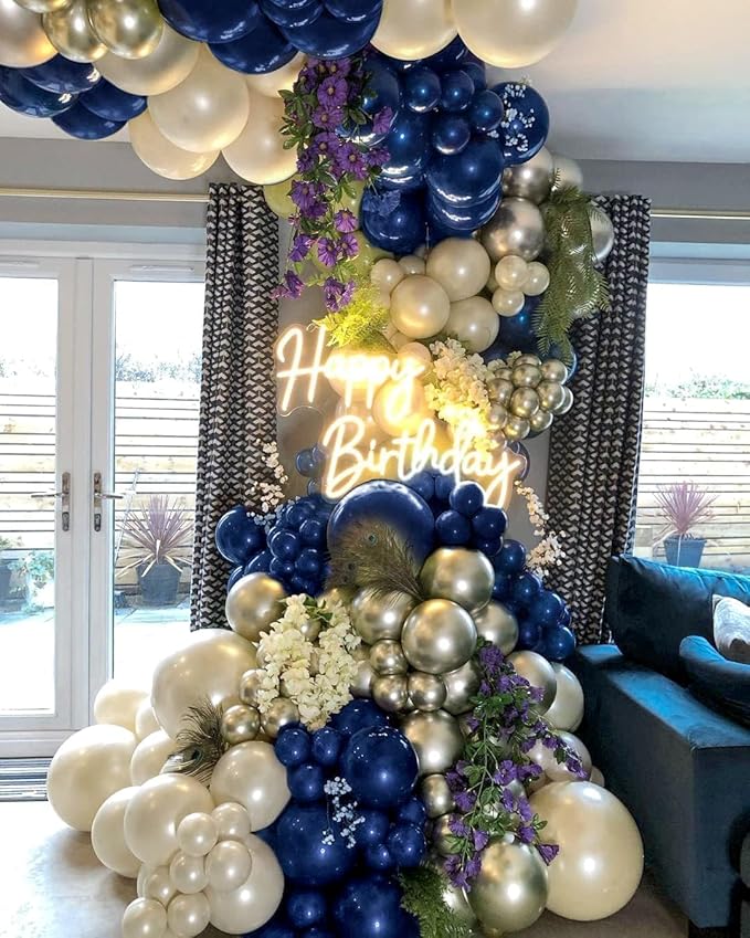 Navy Blue Balloon Garland Double Stuffed Pearl White Royal Blue Balloons Dark Navy Gold Balloon Arch Kit for Birthday Baby Shower Wedding Graduation Father's Day Party Decor