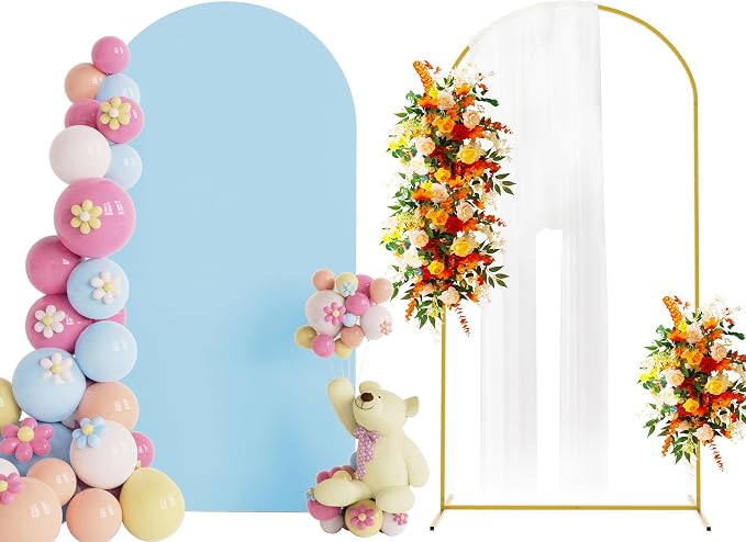 Putros Arch Backdrop Stand and Cover Set, 6.6ft, Gold Arch Stand with Dusty Blue Cover, Metal Arched Background Frame for Wedding, Birthday Party, Baby Shower, Photography Decoration