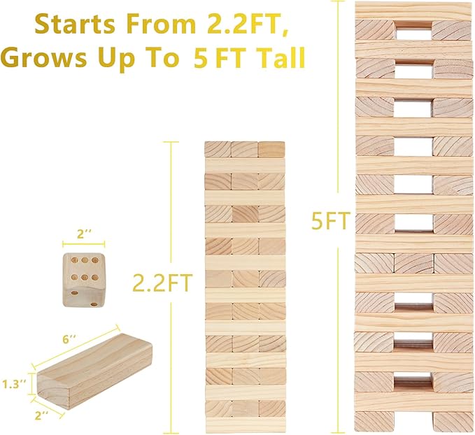 Aivalas Giant Tumbling Timber Games, 60 Blocks Large Tower Outdoor Game - Includes Carry Bag and Scoreboard, Wood Stacking Backyard Game Grows Up to 5FT for Kids Adults Family