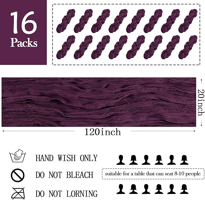 16 Pack Dark Purple Cheesecloth Table Runner 20 x 120 inch Gauze Table Runners 10 FT Long,Semi Sheer Boho Cheese Cloth Fabric Table Runner Bulk for Party,Wedding,Baby Shower,Bridal Shower Decoration