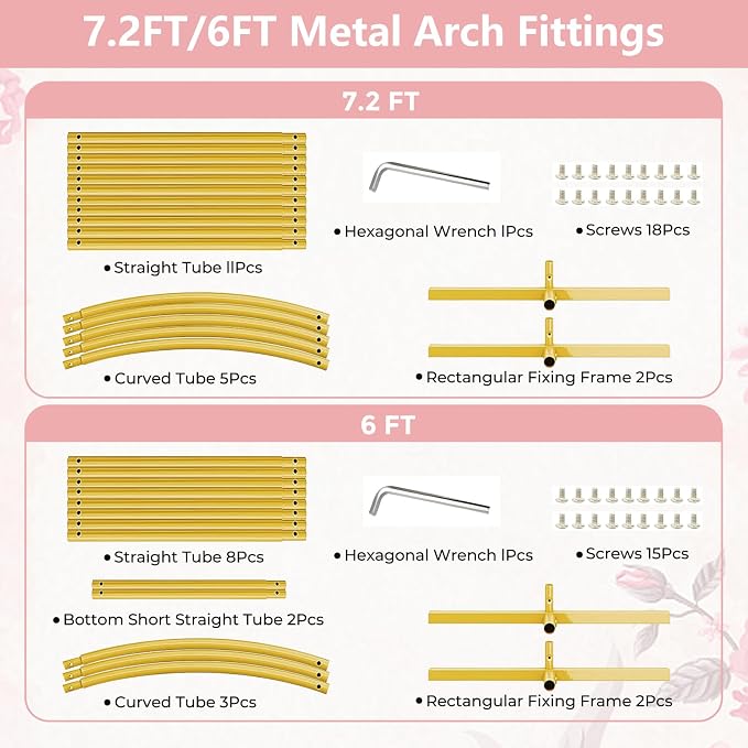 Metal Arch Backdrop Stand, 7.2FT+6FT Wedding Arch Frame, Gold Wedding Arch Backdrop Stand Set of 2, Balloon Arch Backdrop for Wedding Birthday Party Baby Shower Graduation Ceremony