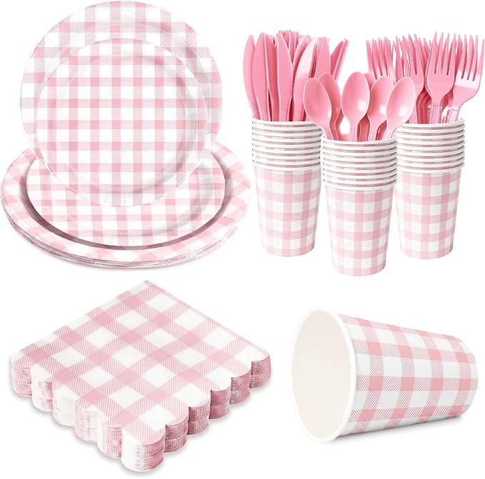 LINHAXM 175 PCS Pink Gingham Party Supplies, Pink Gingham Paper Plates, Cups, Napkins, Cutlery Pink Party Decorations for Bridal, Wedding, Birthday Party, Outdoor Picnic, Serves 25