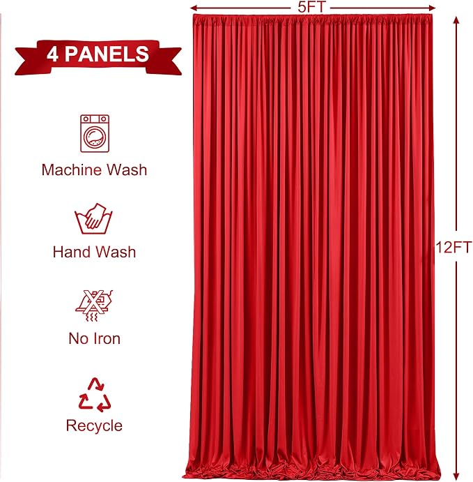 4 Panels Red Backdrop Curtains for Wedding Party Wrinkle Free Backdrops Curtain Drapes Fabric Decorations Photo Back Drop Cloth for Baby Shower Photography Stage Reception 20ft(W) x 12ft(H)