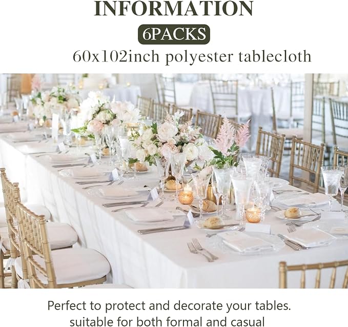 6 Pack White Table Cloth Rectangle 60 x 102 Inch, Rectangle Tablecloth for 6ft Tables, Stain and Wrinkle Resistant Polyester Washable Fabric Tablecloth for Wedding Banquet, Restaurant, Parties