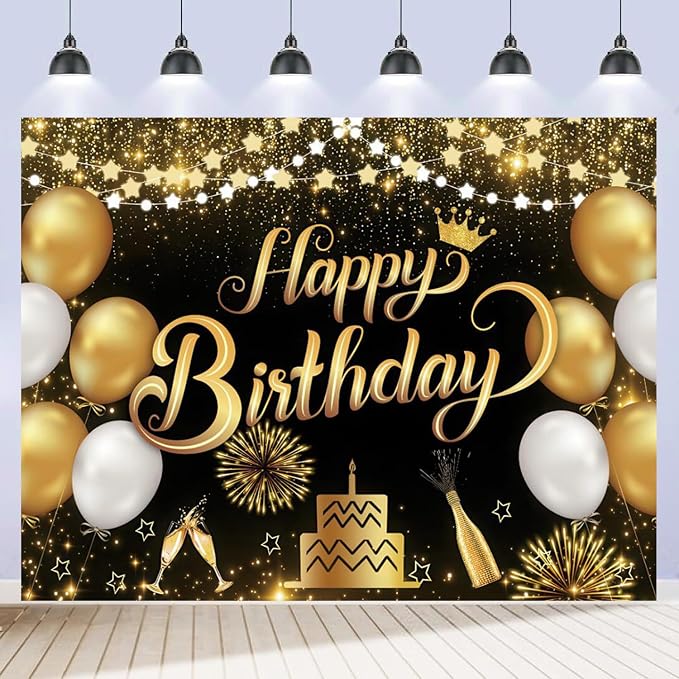 Happy Birthday Backdrop 10x8ft For Men Women Boys Girls Black and Gold Happy Birthday Sign Wall Banner Decorations Large Birthday Party Photo Background Poster Supplies Polyester Fabric