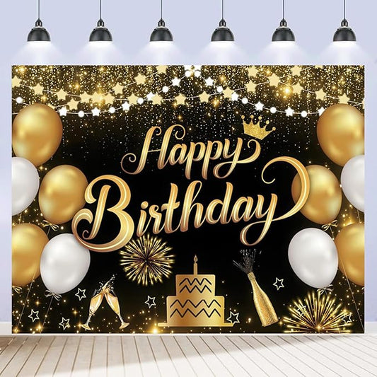 Happy Birthday Backdrop 10x8ft For Men Women Boys Girls Black and Gold Happy Birthday Sign Wall Banner Decorations Large Birthday Party Photo Background Poster Supplies Polyester Fabric