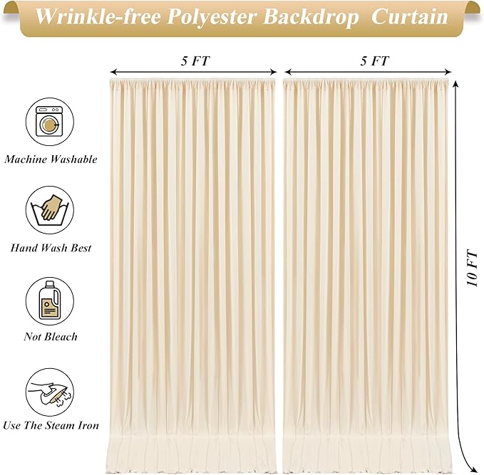 10x10ft Champagne Backdrop Curtains with Lights Photo Drapes Wrinkle Free Fabric Backdrop Curtain for Wedding Birthday Party Baby Shower Shoot Bridal Shower Home Party Background Decorations